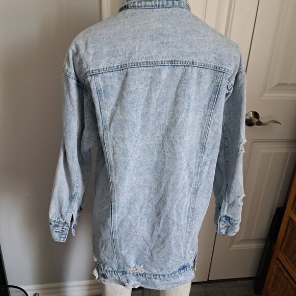 HIGHWAY JEANS long jean jacket DISTRESSED denim faded western festival grunge M - Picture 2 of 6